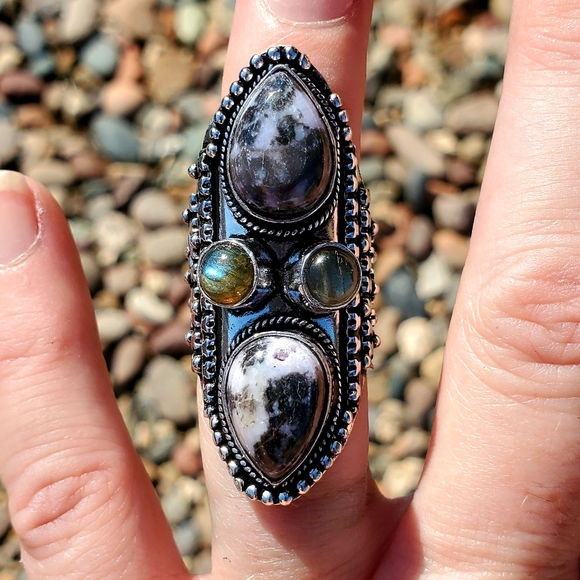 New Zebra Jasper and Labradorite 925 Silver Statement Ring. - Picture 3 of 16